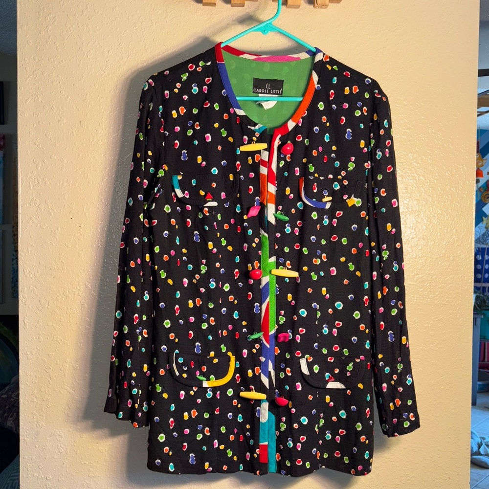 VINTAGE Carole Little 80s Business Formal Black Multicolor 100%rayon blouse